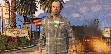 In-game image from GTA 5 of Trevor blowing up a black car while wearing a chequered shirt.
