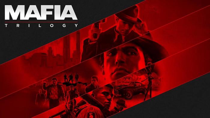 Mafia Trilogy cover art in red and black showcasing characters in diaganol cross sections.