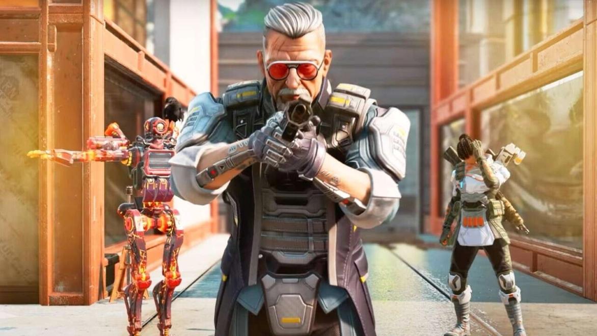 Screenshot of Apex Legends Ballistic with Pathfinder and Valkyrie in the background
