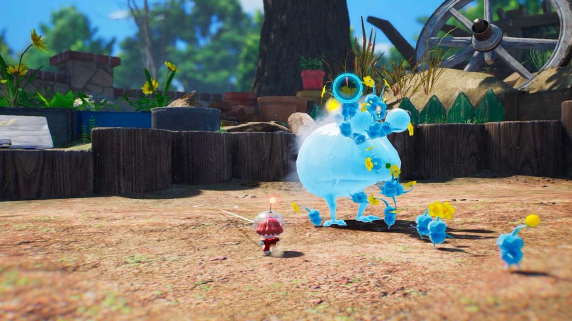 A group of Pikmin fighting an ice enemy.