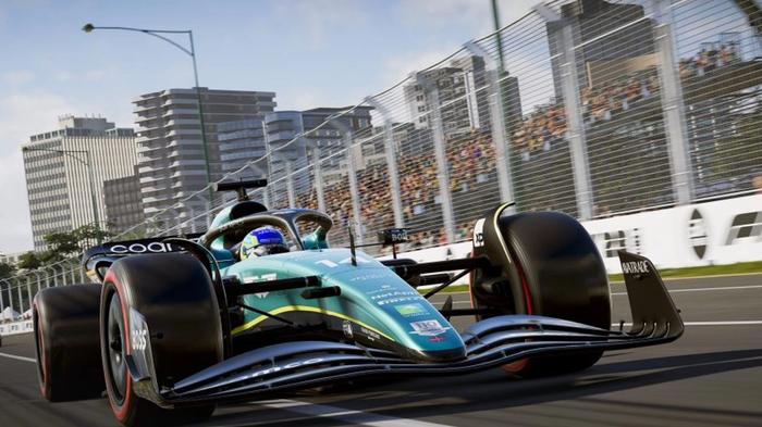 Screenshot of Aston Martin F1 car driven by Fernando Alonso in F1 23 game